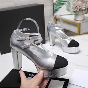 Chanel Silver and Black Women's Platform Heels